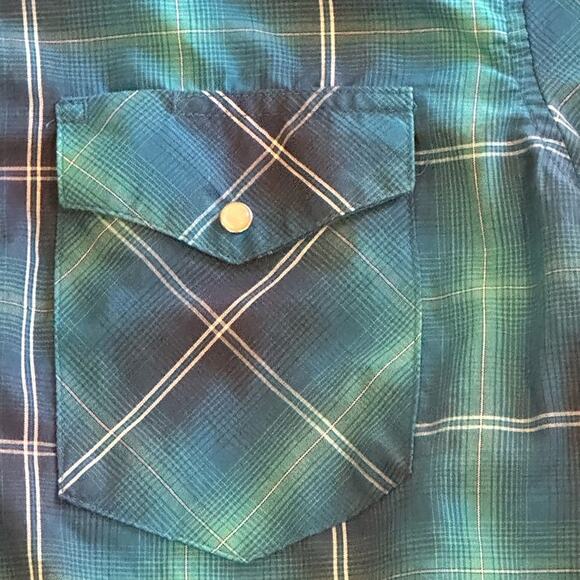Vintage Wrangler Western Pearl Snap Turquoise Plaid Mens Large - Picture 4 of 5